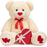 HollyHOME Big Teddy Bear Stuffed Animal Large Bear Plush with Red Heart for Girlfriend and Kids Holiday Toy Gift 36 inch Beige
