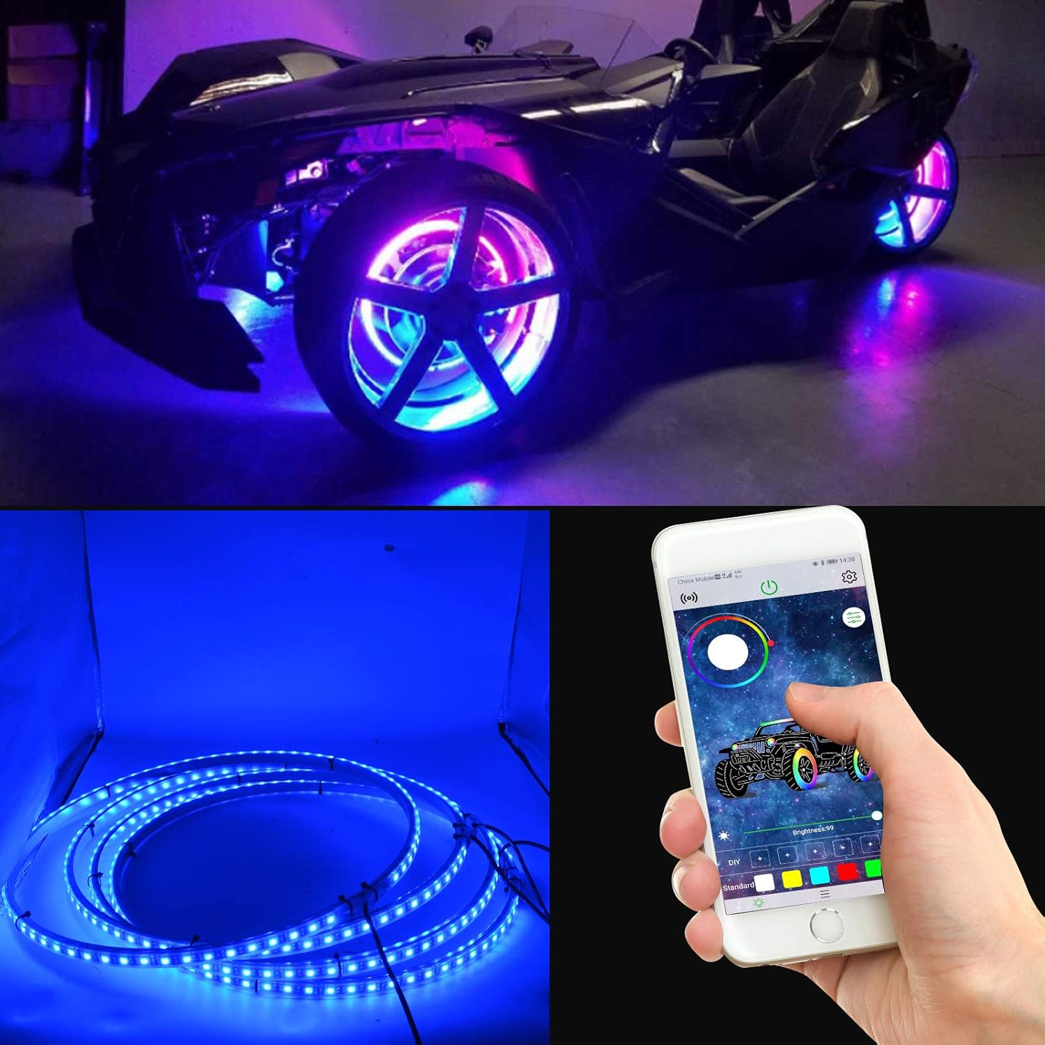 Safego RGB Wheel Ring Lights 4Pcs 15.5inch 288LEDs Multiple Dream Color Rim Lights Tire Lights Controlled By Remote and Blue-Tooth Compatible with Most Cars, Trucks, SUV ATV (Single Side): Automotive