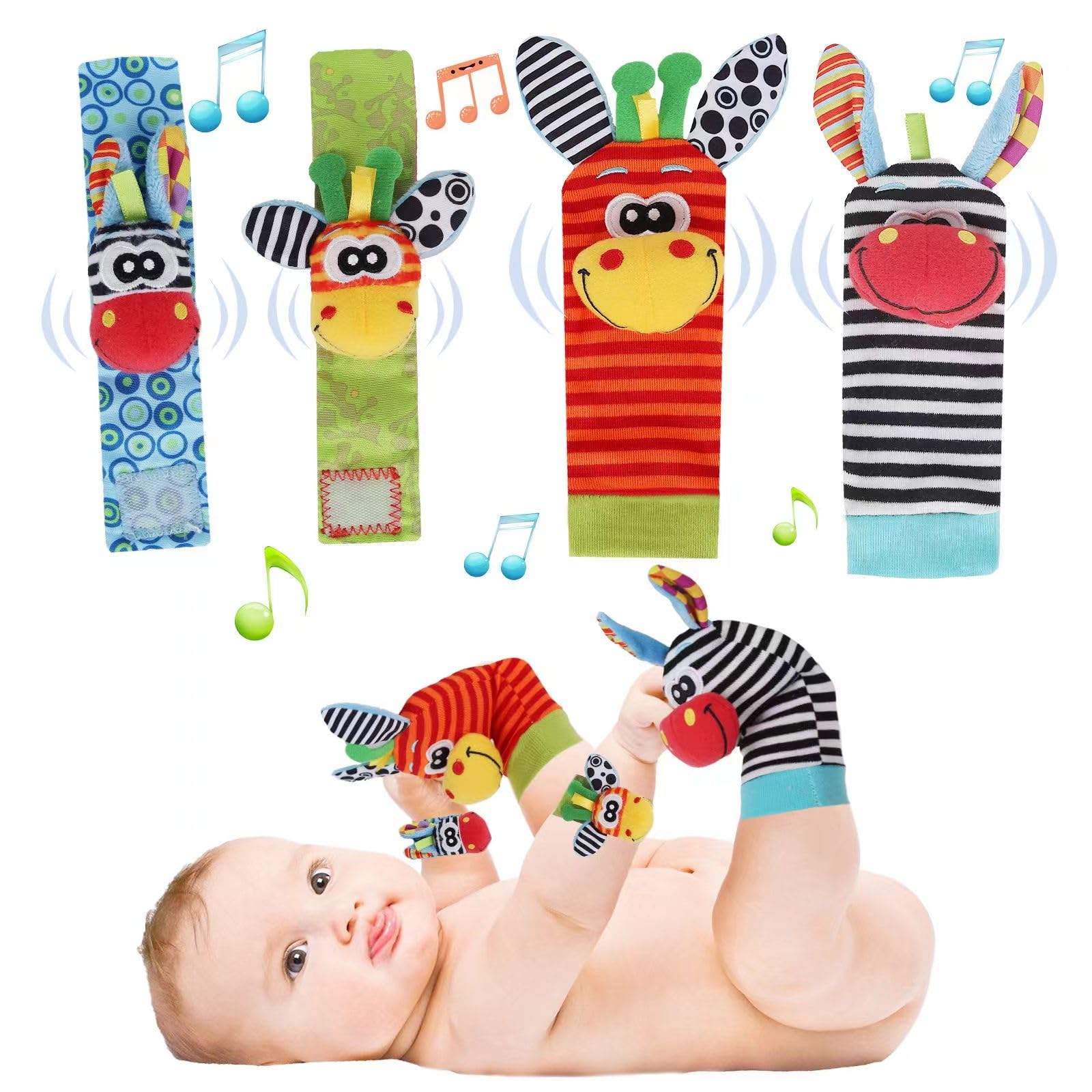 Accevo Cute Animal Wrist Rattles & Foot Finder Socks for Babis Soft Baby Arm Hand Bracelet Wristband Rattle Feet Leg Ankle Socks Newborn Toys for Baby Girls Boys 0-3 3-6 6-9 9-12 12-36 Months