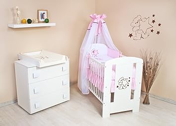 Babyzimmer (weiss) sparset incl. Babybett , Wickelkommode , Ausstattung - Komplettset (rosa)