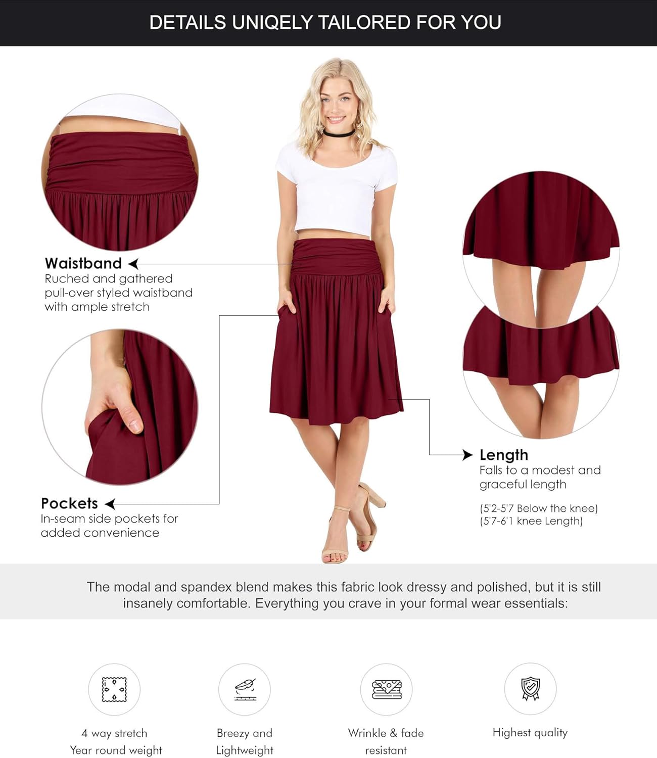 Simlu Womens Regular and Plus Size Skirt with Pockets Below The Knee Length Ruched Flowy Skirt Midi Skirt for Women: Clothing