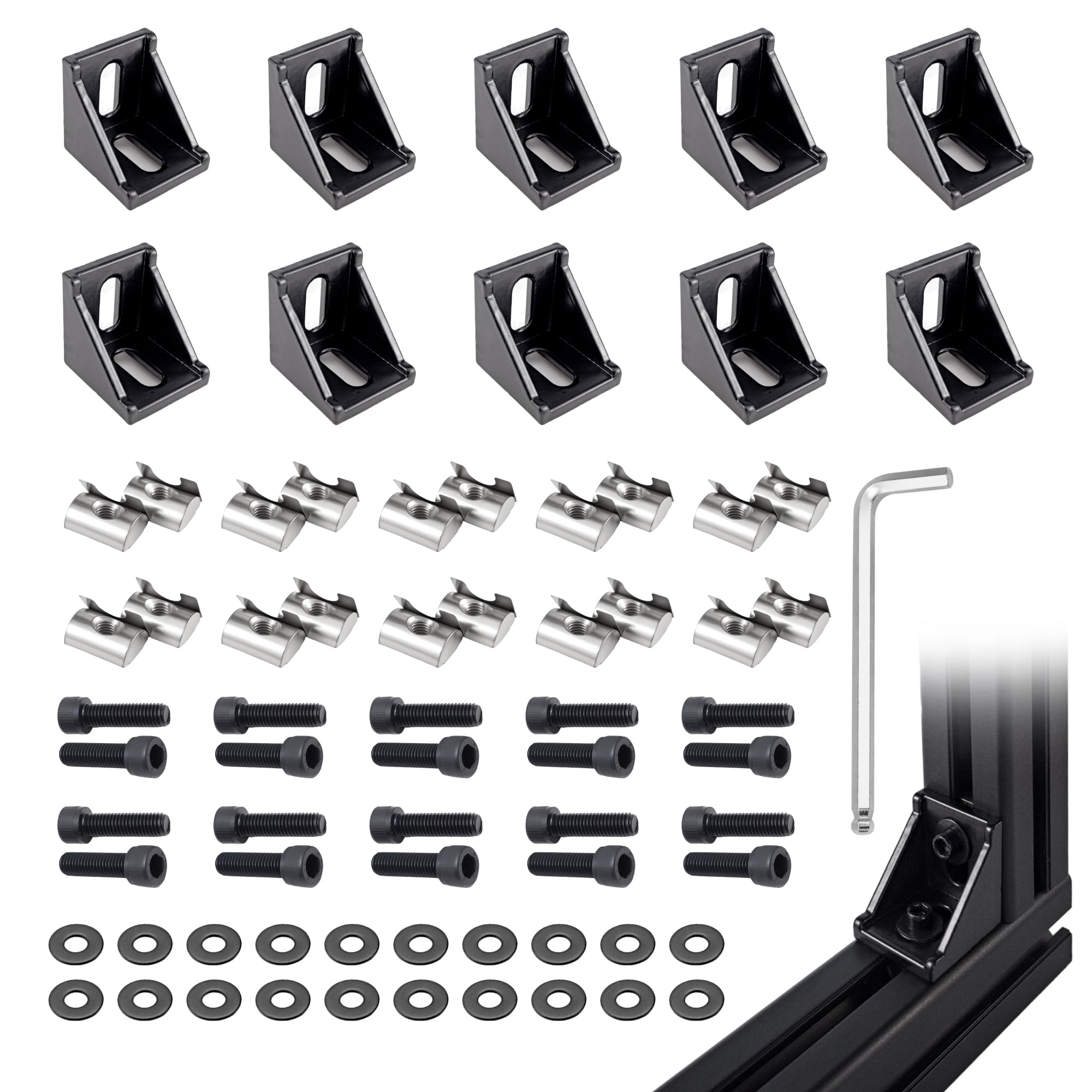 Photo 1 of 10 Sets Black 4040 Aluminum Extrusion Corner Bracket Kit – 10pcs Black Corner Brackets, 20pcs M6 Spring T-Nuts & Hex Screws, 1 Ball-End Hex Wrench – for 40 T Slot Extruded Aluminum Accessories