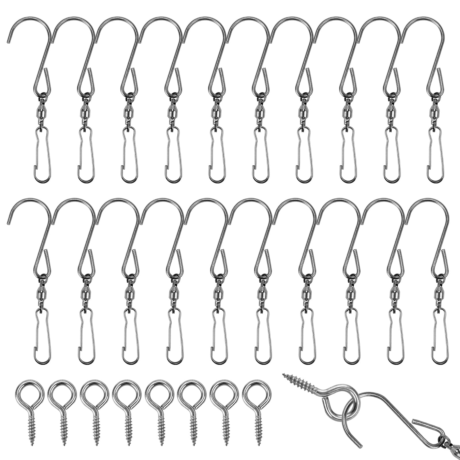 SHUIYUE 20 Pack Wind Spinner Swivel Hooks Clips for Hanging Plants 360 Degree Dual Windsock Clip Chain Hanging Hooks with 8 Ceiling Screws Bird Feeders Houses Planters Baskets Chimes Crystal Twisters