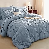 CozyLux Queen Comforter Set Grayish Blue, 7 Pieces Pintuck Bed in A Bag, Premium Blue Comforter Queen Size, Pinch Pleat Bedding Sets with Comforter, Sheets, Pillowcases & Shams