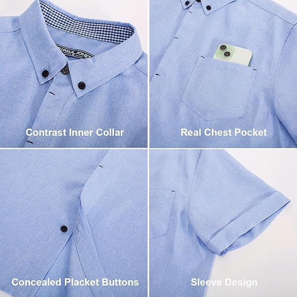 PJ PAUL JONES MENS CASUAL DRESS SHIRT SHORT SLEEVE BUTTON DOWN SHIRT SUMMER BEACH TEXTURED SHIRTS LIGHT BLUE S