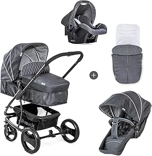 Hauck Pacific 4 Shop N Drive Kombikinderwagen 6 teilig bis 25 kg + Babyschale + Babywanne umbaubar zur wendbaren Sitzeinheit mit Beindecke, leicht, extra große Räder, melange charcoal (grau)