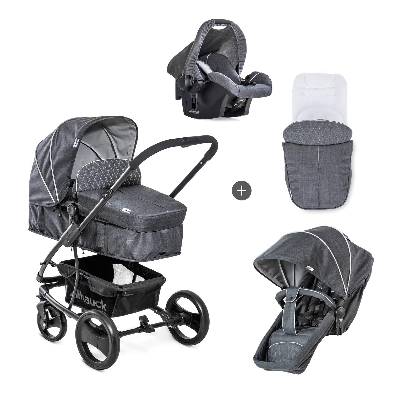 Hauck Pacific 4 Shop N Drive Kombikinderwagen 6 teilig bis 25 kg + Babyschale + Babywanne umbaubar zur wendbaren Sitzeinheit mit Beindecke, leicht, extra große Räder, melange charcoal (grau)