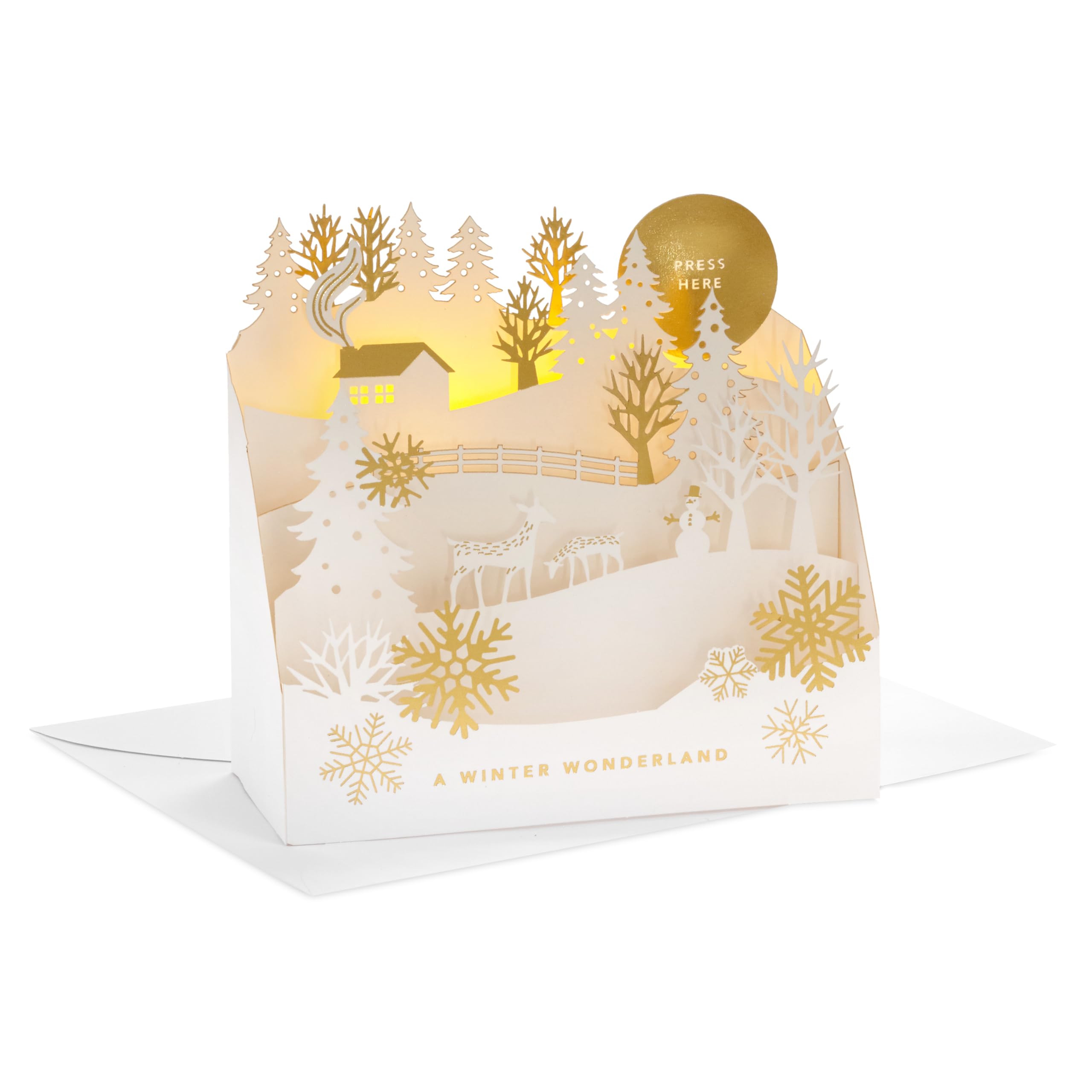 Hallmark Christmas Card, Winter Wonderland Design, 3D and Pop Up Card, Reindeer, Deer, White, Gold
