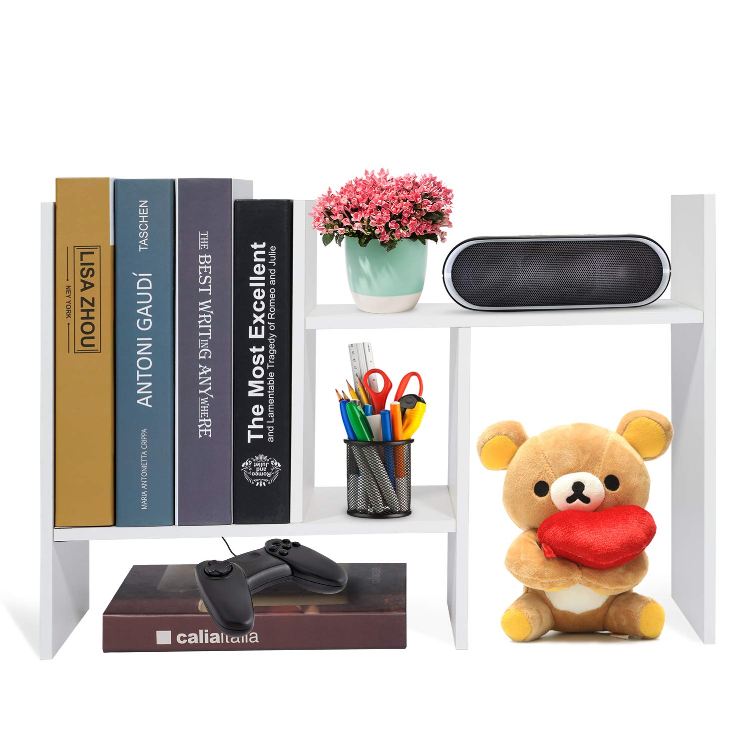 zixijiaju Desktop Storage Organizer Display Shelf Rack, Counter Top Bookcase, Adjustable Desktop Bookshelf, Freestanding Bookcase DIY Table Storage Rack, White