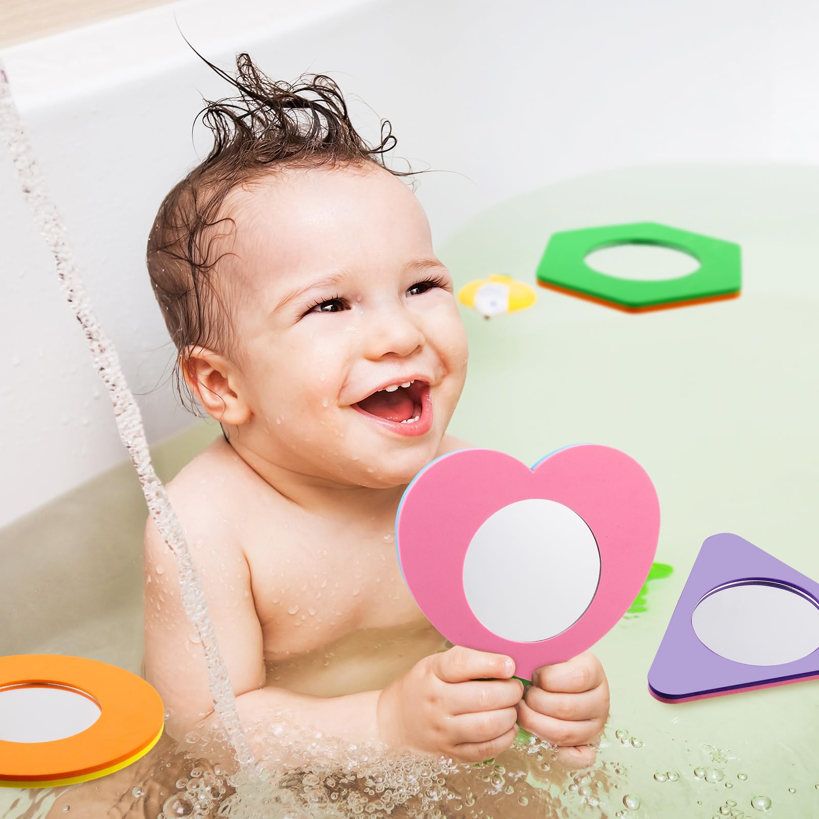 6 Pcs Baby Bath Mirror for Kids Foam Toys Toddler Stick on Wall Stick Removable Bathtub Mirror for Learning Cause Effect Reasoning Cognitive Skills Shower Play