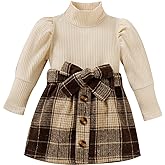 Fernvia Toddler Baby Girl Fall Winter Skirt Set Turtleneck Ribbed Long Sleeve T-Shirt Top & Plaid Skirts Dress 2Pcs Outfits