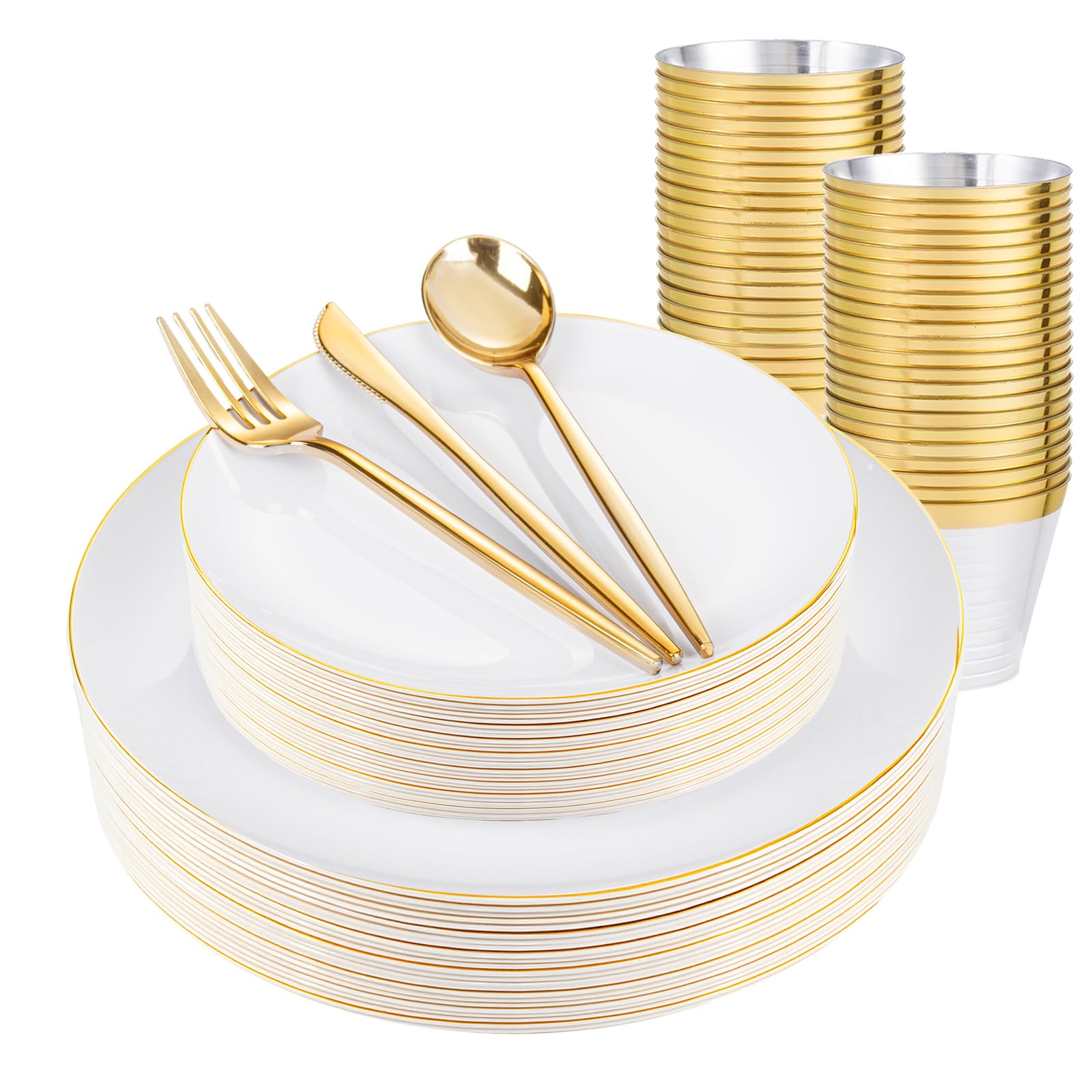 Photo 1 of bUCLA 150PCS White and Gold Plastic Plates Disposable - 25 Guests Gold Dinnerware Set - Include 25 Each (Dinner & Dessert) Plates, 25 Knives, 25 Forks, 25 Spoons & 25 Cups for Party & Wedding