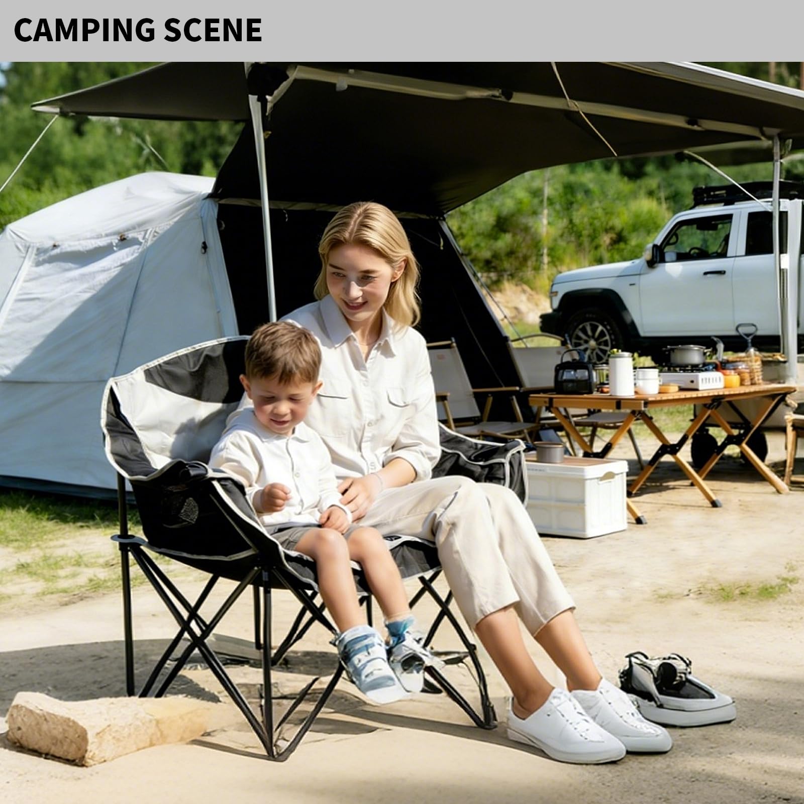 Condition photo showing New/Like New for double camping chairs, heavy duty outdoor camping chair 2 person folding loveseat chair with cup hol