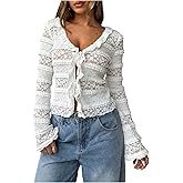 Milumia Women's Floral Lace Tie Front Frilled Top Sexy Sheer Deep V Neck Long Sleeve Tee Tops