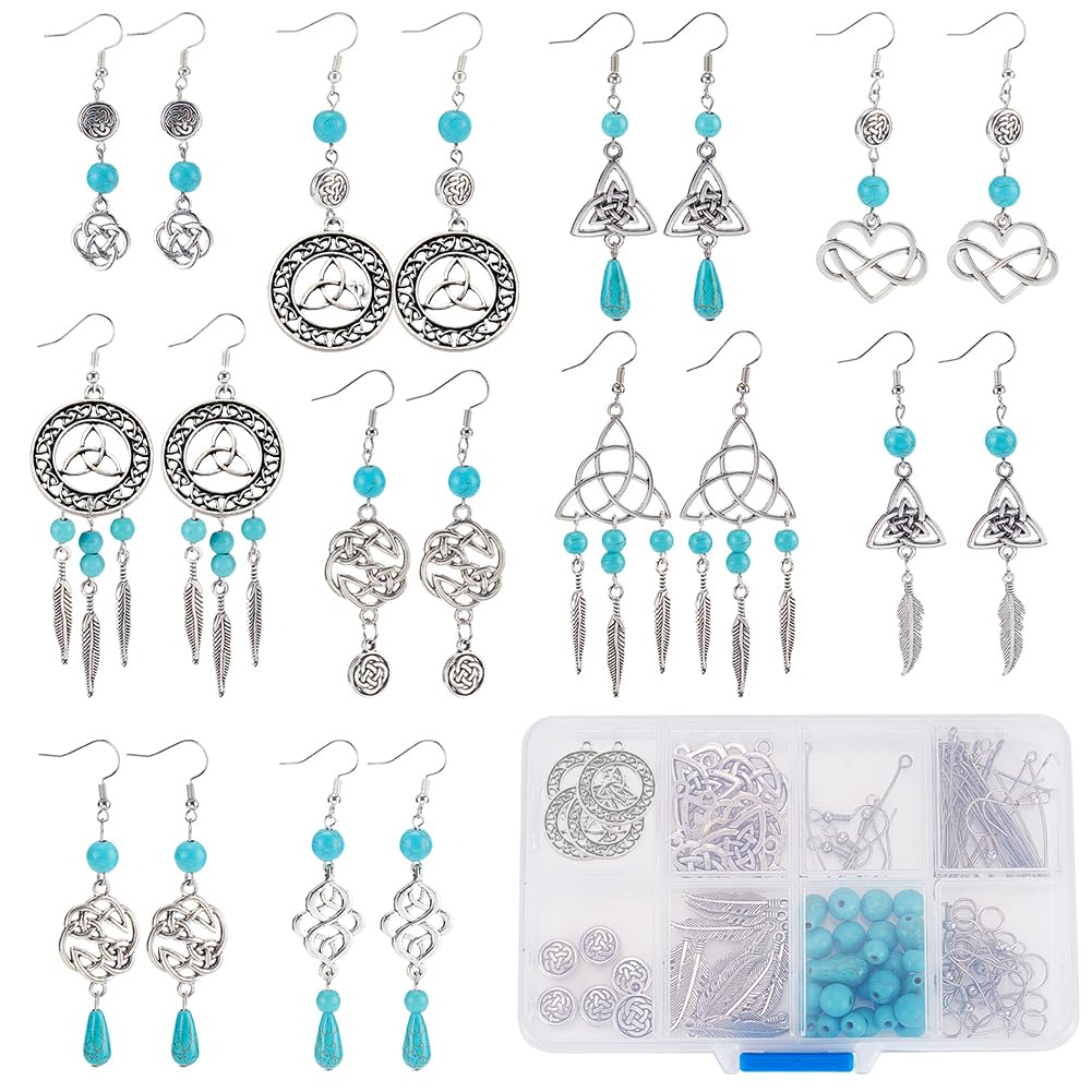SUNNYCLUE 1 Box DIY 10 Pairs Vintage Style Trinity Knot Charm Infinity Love Charms Earring Making Kit Feather Charm Knot Charms for Jewellery Making Synthetic Turquoise Round Beads Adult Women Craft