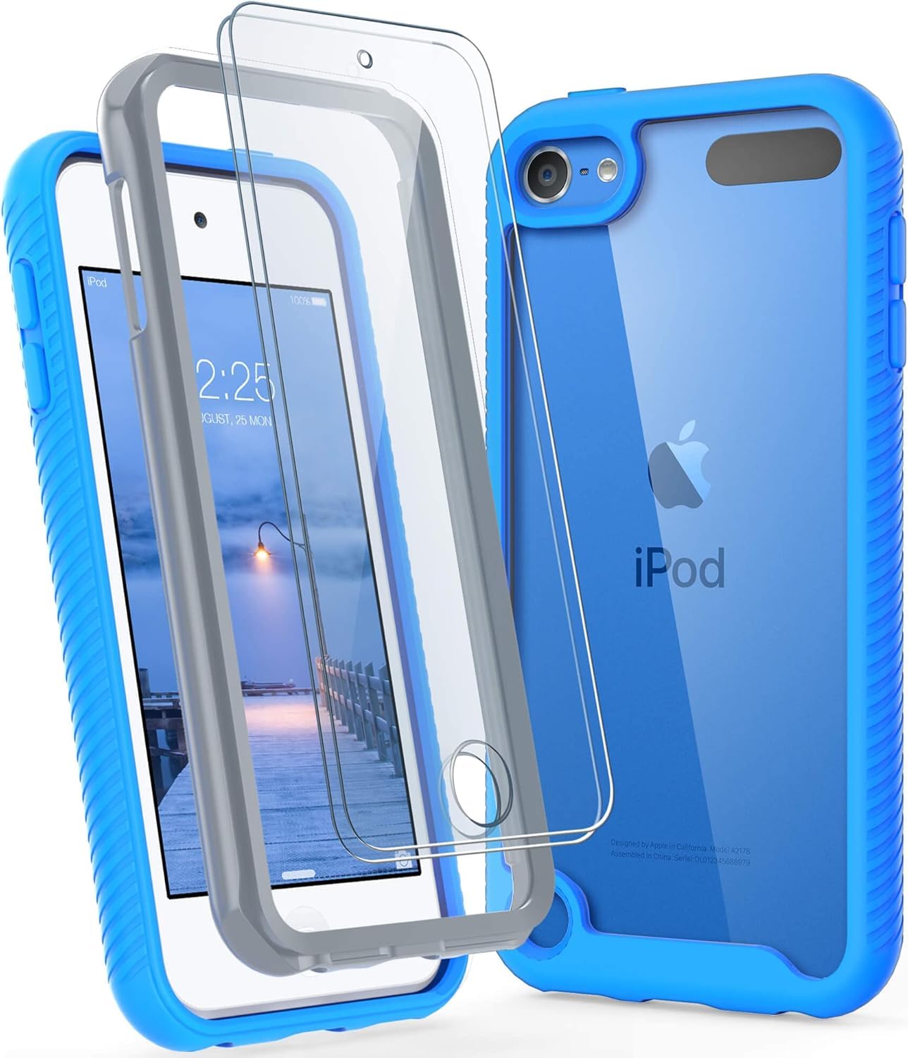 ULAK Case for iPod Touch 7th Generation, iPod 6th/5th Generation Case with 2PCS HD Screen Protector, Heavy Duty Shockproof Protective 2 in 1 Transparent Back Cover for iPod Touch 5/6/7, Blue