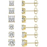 18K Gold Plated Round Princess Cut Clear Cubic Zirconia Stud Earring of 6 Pairs (6 Pairs)