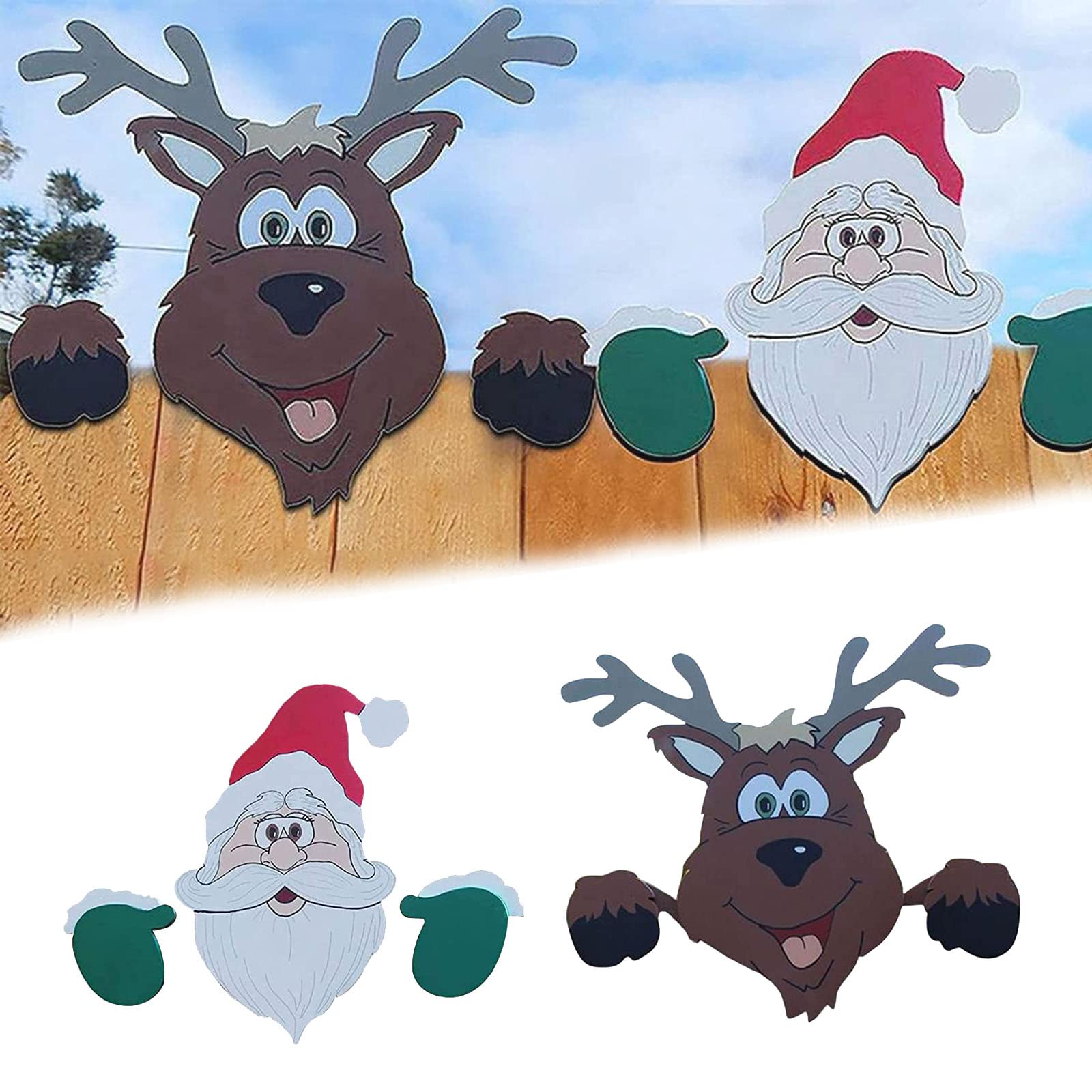 Outdoor Christmas Decorations, Funny Reindeer and Christmas Santa Peeker Yard Sign for Garden Fence Decorations, Xmas Décor Ornaments Party Decor for Yard Patio Indoor Wall(2 PCS)