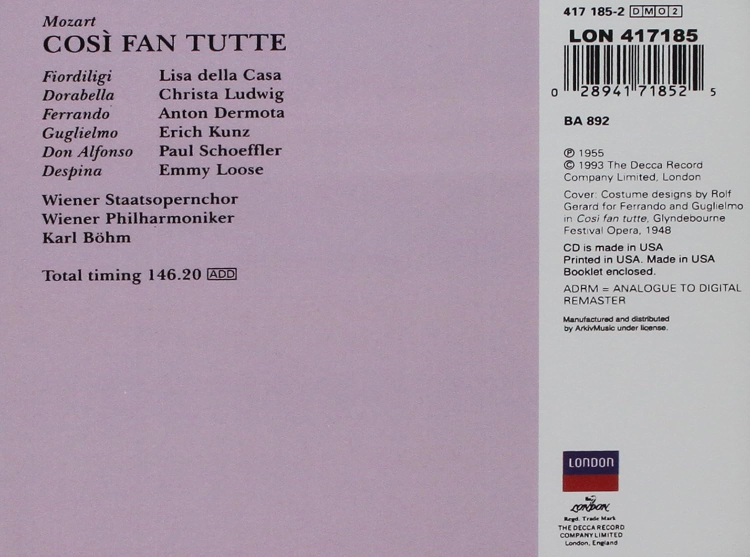 Mozart Wolfgang Amadeus Herbert Von Karajan Philharmonia Orchestra Of London Rolando Panerai Nan Merriman Elisabeth Schwarzkopf Lisa Otto Leopold Simoneau Mozart Cosi Fan Tutte Highlights Amazon Com Music