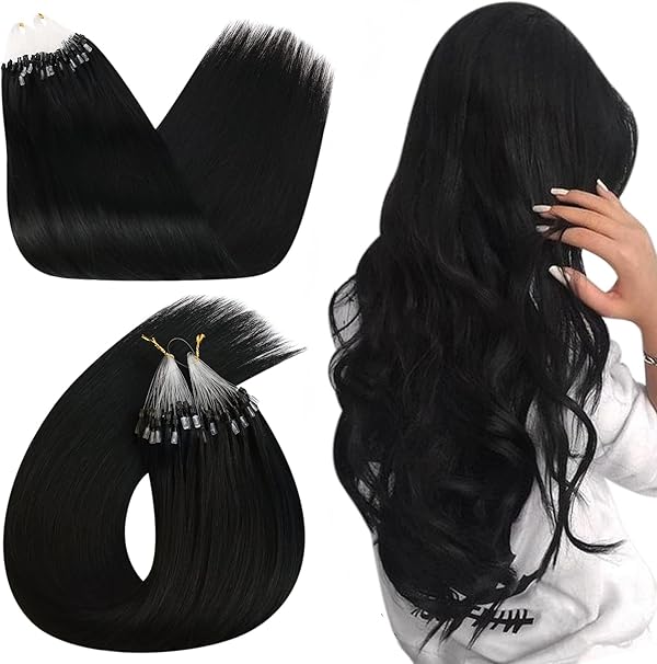 Ugeat Extensions Echthaar Micro Ring Schwarz 50 cm Microring Echthaar Extensions Schwarz Micro Ring Haarverlängerung Black Glatt Remy Echt Haar 50S 50G