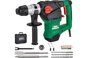 Deshuo 1-1/4" SDS-Plus Rotary Hammer Drill, 12.5 Amp 3 Functions Corded Vibration Control Rotomartillo with Safety Clutch for Concrete, Includes 3 Drill Bits, 2 Chisels, Carrying Case