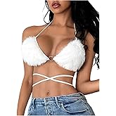 Verdusa Women's Furry Fuzzy Lace Up Halter Top Rave Party Date Night Micro Crop Tops
