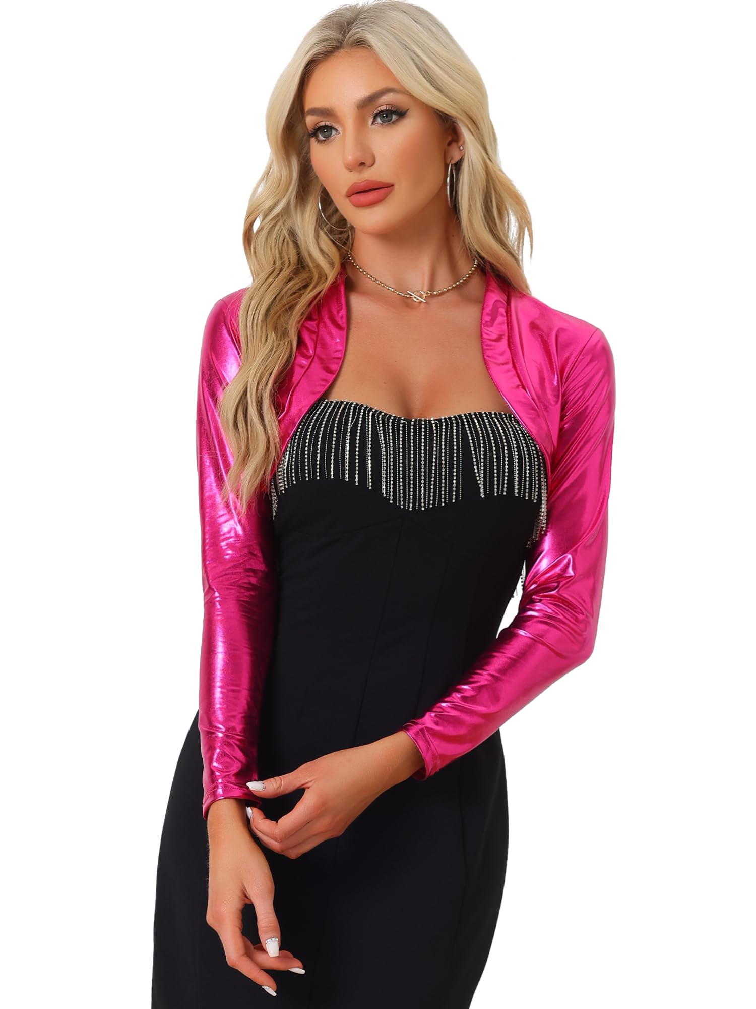 Photo 1 of Allegra K Women's Bolero Jackets Holographic Shrug Open Front Metallic Shiny Cropped Cardigan Medium Hot Pink