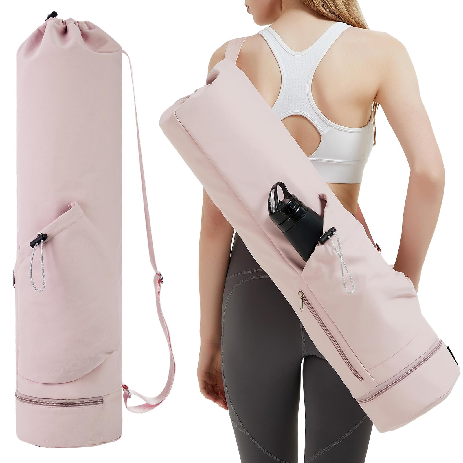 sportsnew Yoga Mat Bag Large with Adjustable Carry Strap Pilates Bag with Bottle Pocket and Bottom Wet Compartment, Pink (Patent Pending)