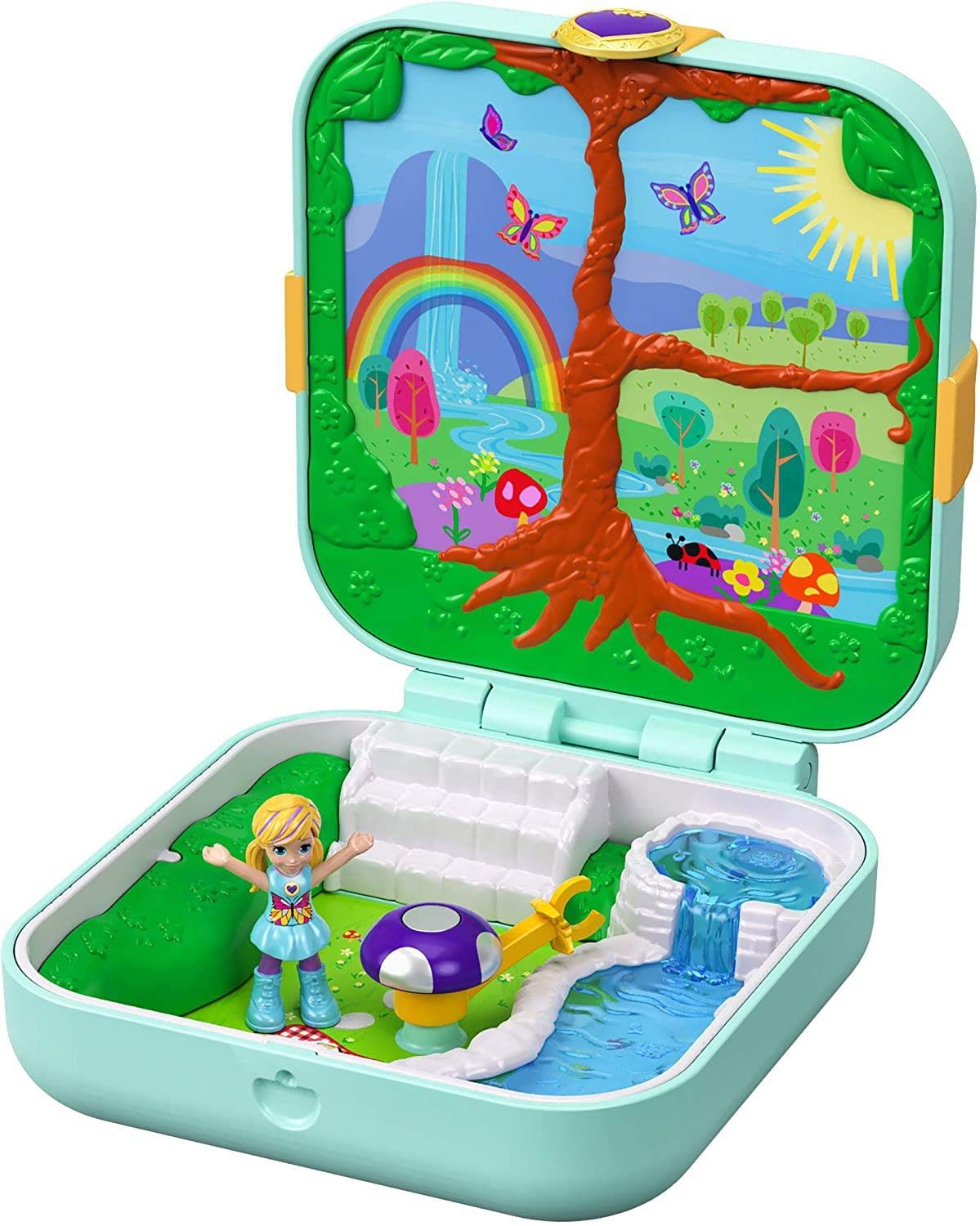 Polly Pocket GDK79 Pocket Hidden Hideouts Flutterrific Forest Compact with Fairy Forest-themed, Micro Polly & Accessory