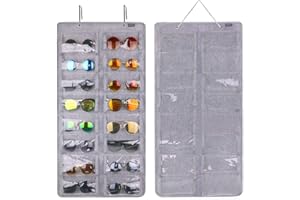 AROUY Sunglasses Organizer Storage, Hanging Dust Proof Wall Pocket Glasses Organizer - 16 Felt Slots Sunglass Organizers Holder with Metal Hook and Sturdy Rope (Gray, Dust Proof)