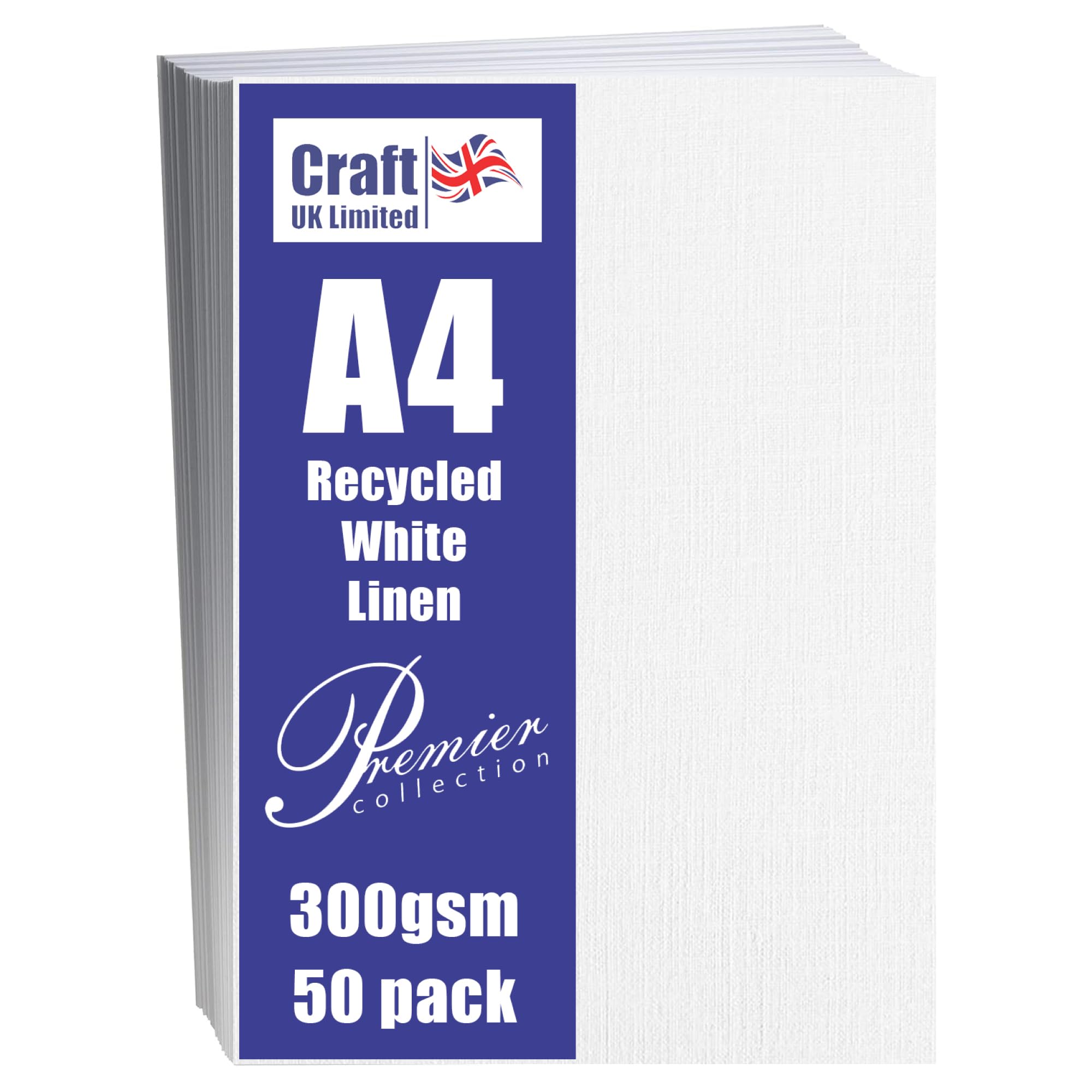Craft UK, 50 A4 Card, Recycled Linen Cardstock Paper for Invitations and More, 300gsm, Made in the UK, Lasting Quality, White