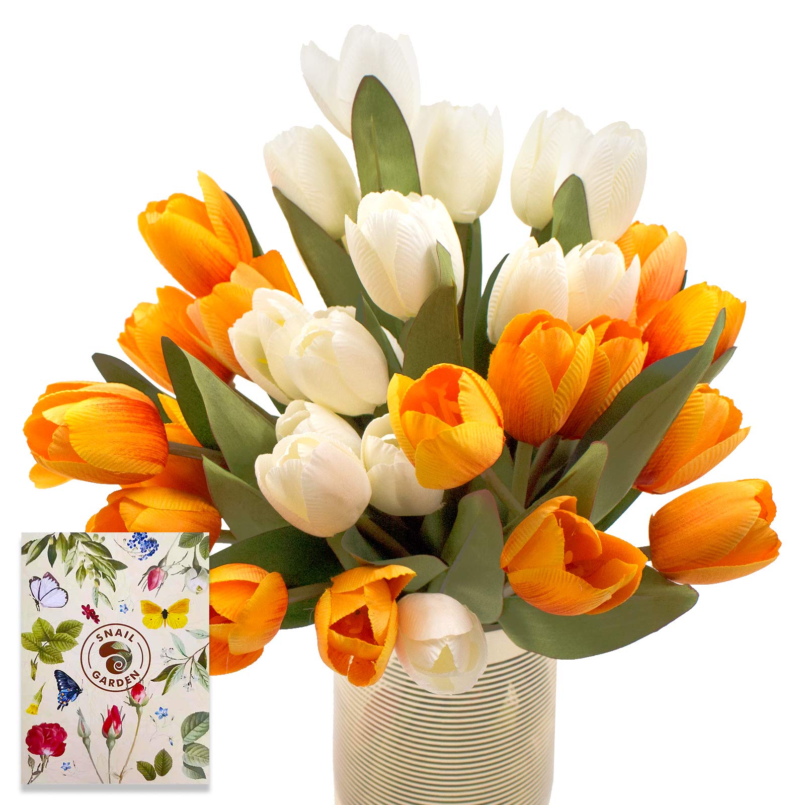 SNAIL GARDEN 36 Heads Artificial Tulip Flowers,4 Bunches Silk Fake Tulips Bouquets with Greeting Card,for Living Home,Office,Party and Wedding Decoration Floral Arrangements Table Decor(Yellow/White)