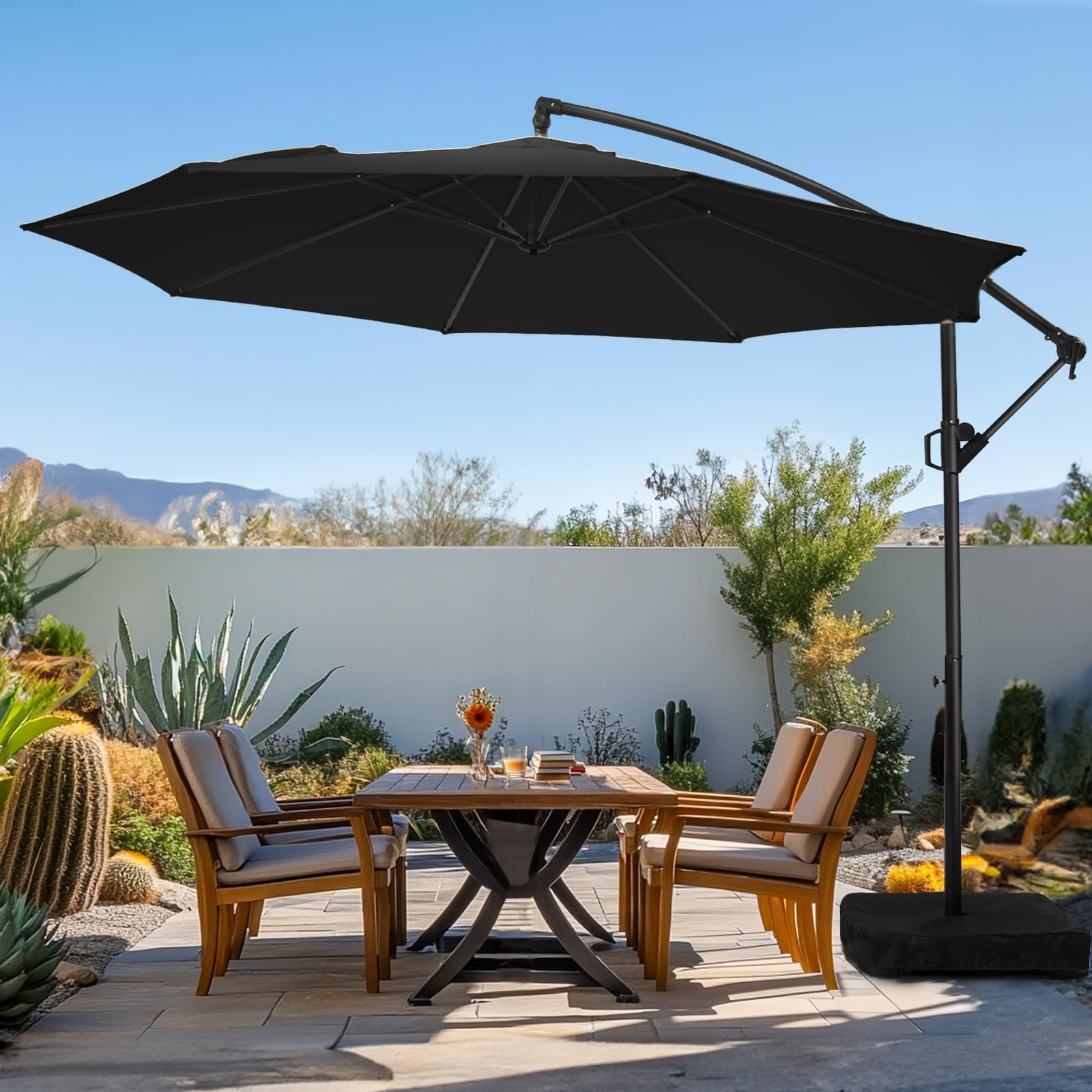 Photo 1 of wikiwiki 10ft Patio Umbrella with Base Included, Outdoor Offset Cantilever Umbrella, Infinite Tilt, Crank and Cross Base, Black