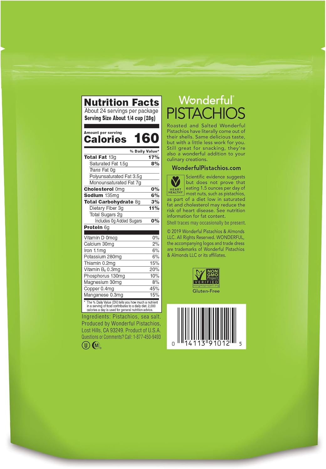 Wonderful Pistachios, No Shells, Roasted & Salted, 24 Ounce Resealable Bag : Snack Pistachio Nuts : Grocery & Gourmet Food
