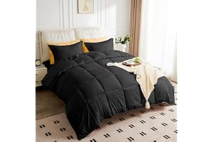 JOKOLO King Size Comforter Set - 3 Pieces, 1 Reversible Comforter and 2 Pillowcases,Soft Quilted Warm Fluffy Cooling Bedding for All Season,Black