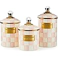 MACKENZIE-CHILDS Enamel Canister Set, Small (38 oz.), Medium (48 oz.), and Large (64 oz.) Kitchen Containers, Pink-and-White Rosy Check