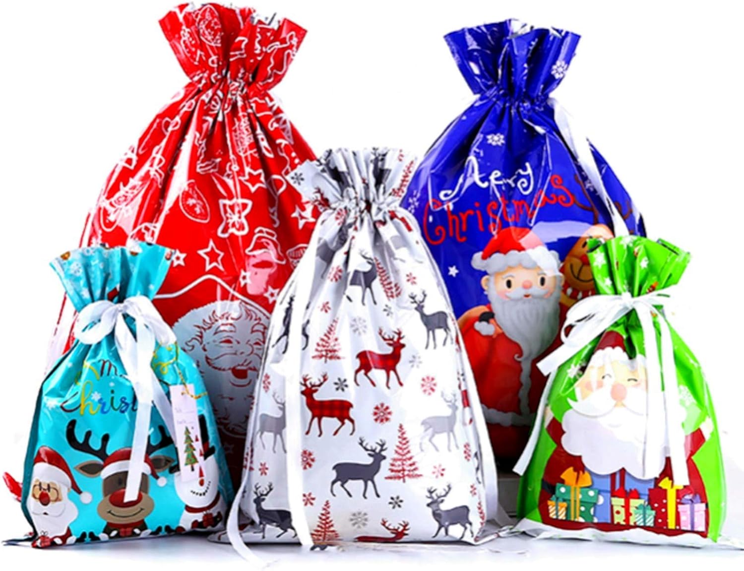 12 Pack Christmas Drawstring Gift Bag Large Bag,5 Design 4 Size Xmas Gift Wrapping Goodies Bags Treats Candy Bags Christmas Gift Bags,Wonderwrap Christma Bag for Presents,Xmas Gift Bags