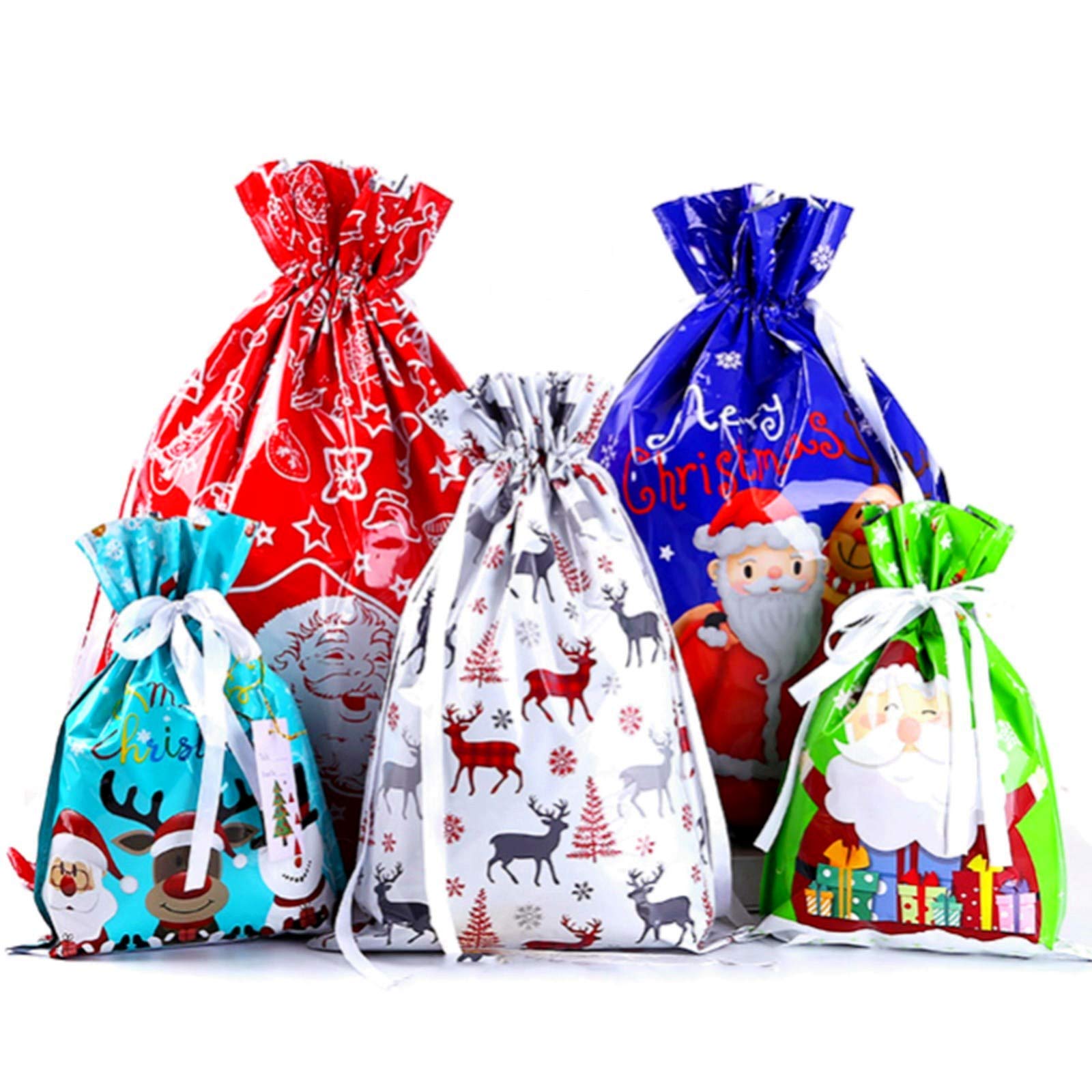 12 Pack Christmas Drawstring Gift Bag Large Bag,5 Design 4 Size Xmas Gift Wrapping Goodies Bags Treats Candy Bags Christmas Bags,Wonderwrap Christma bag for Presents,Xmas Gift Bags