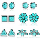 6 Pairs Turquoise Stud Earrings Small Geometric Oval Round Flower Earrings Gemstone Cut Shape Square Studs Turquoise Jewelry