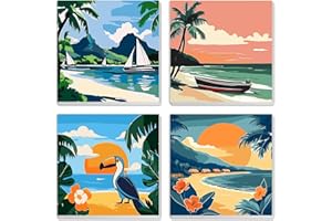 MXJSUA 4 Pack Beach Sea View Paint by Numbers Kit with Framed Canvas for Ages 6-12 Kids, Paint by Numbers Kits for Adult Begi