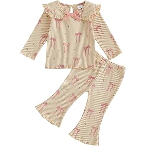 Kuriozud Toddler Baby Girl Pajamas Set Fall Winter Sleepwear Loungewear | Bows Long Sleeve Peter Pan Collar Shirt Ribbed Knit
