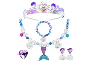 Araluky 6 Pcs Mermaid Crown Mermaid Necklace Bracelet Earrings Ring Set Jewelry Mermaid Jewelry the Little Mermaid Party Decorations Princess Party Dress Up