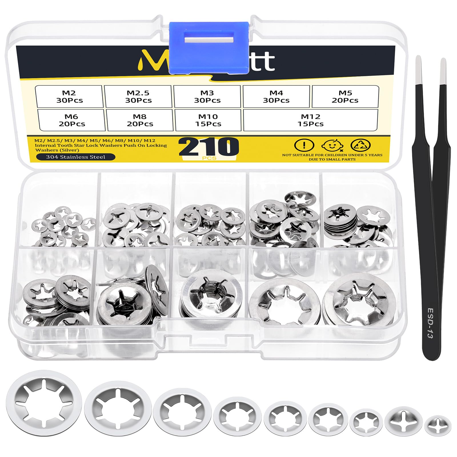 Mardatt 211Pcs Stainless Steel Internal Tooth Star Lock Washers Kit - M2/ M2.5/ M3/ M4/ M5/ M6/ M8/ M10/ M12 — image 1