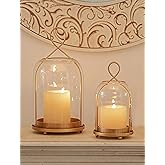 NUPTIO Glass Lanterns Decorative Outdoor: Gold Hurricane Candle Holders for Pillar Candles - Set of 2 Hanging Lantern for Home Thanksgiving Christmas Party Centerpiece