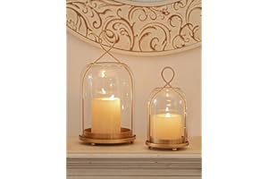 NUPTIO Glass Lanterns Decorative Outdoor: Gold Hurricane Candle Holders for Pillar Candles - Set of 2 Hanging Lantern for Home Thanksgiving Christmas Party Centerpiece