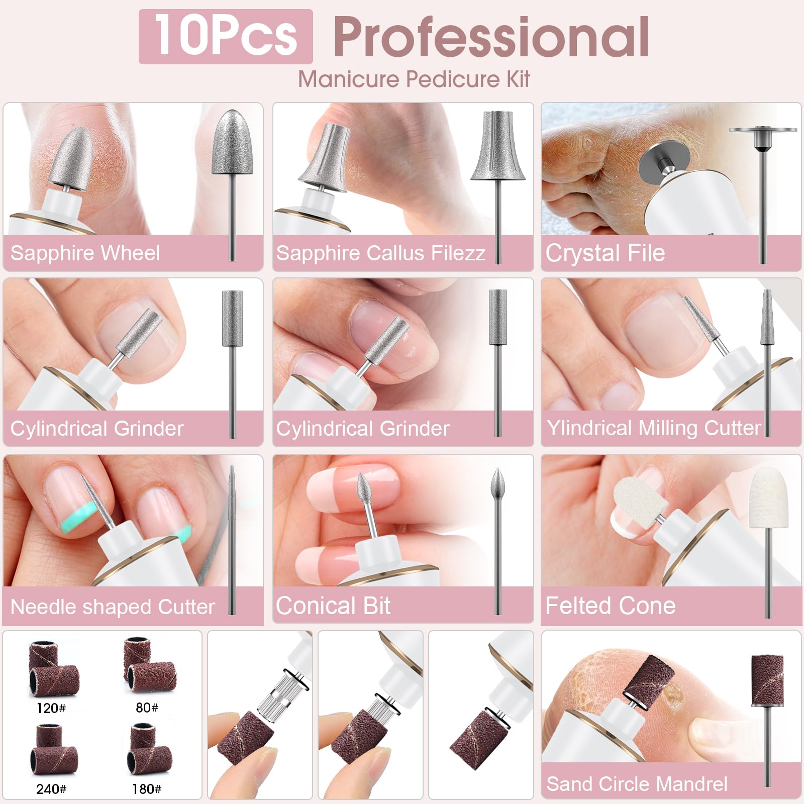 Professional Manicure Pedicure Kit, Cordless Electric Nail Drill with 360° LED light&10 Speeds, Rechargeable Pedicure Tools for feet, Hand Foot Care Nail Drill for Thick Nail Toenail Cuticle Women Men - Image 9