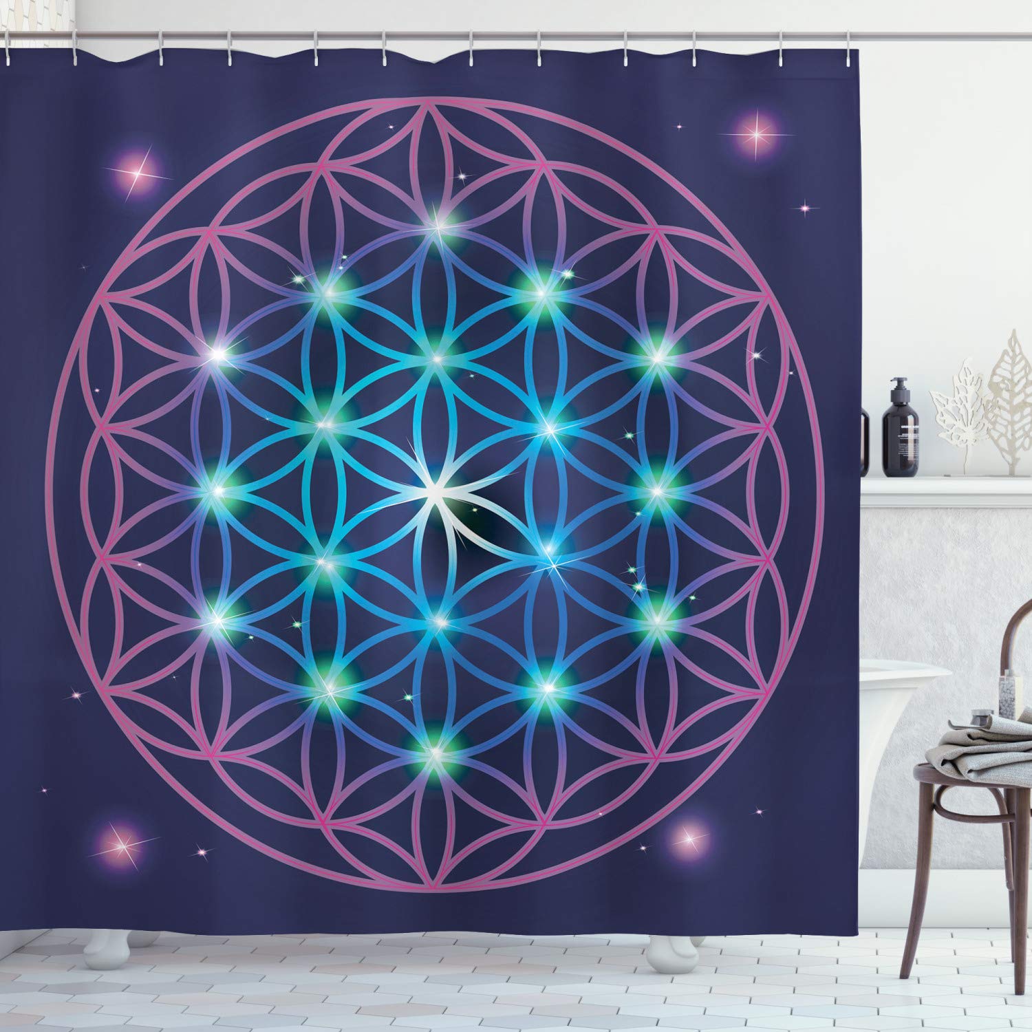 ABAKUHAUS Mandala Shower Curtain, Flower of Life Design on Dark Toned Background with Ombre Effect, Cloth Fabric Bathroom Decor Set with Hooks, 94 Inches, Pale Blue Violet Indigo