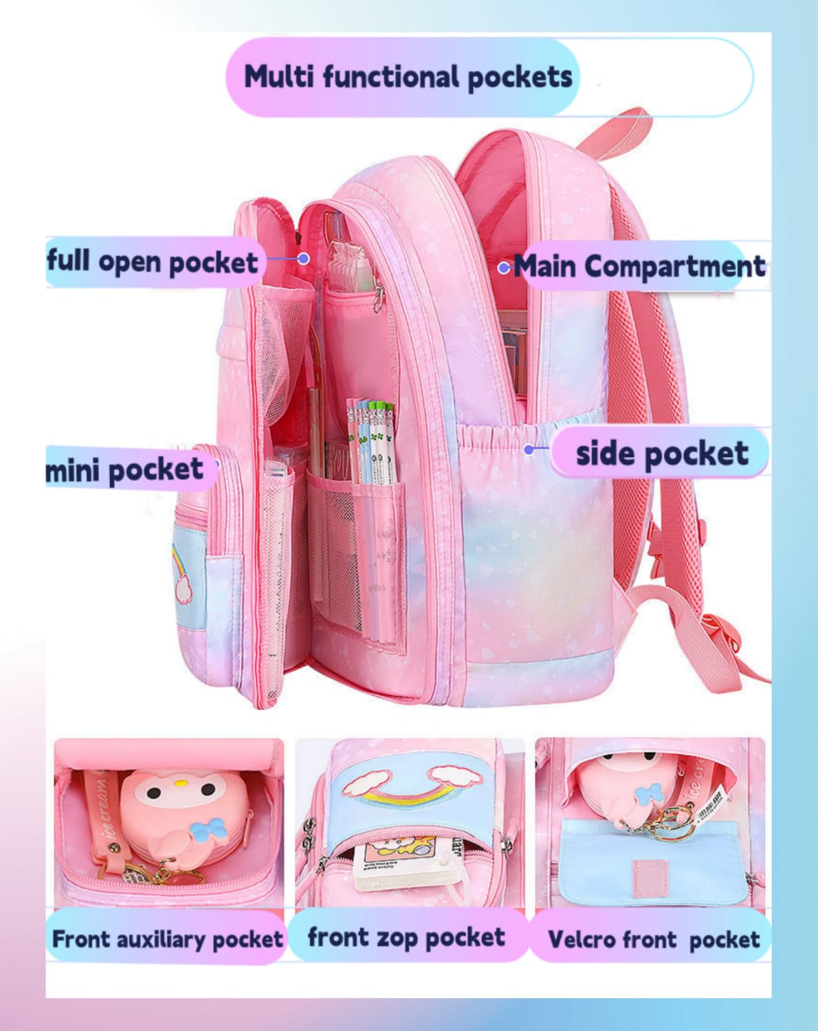 Girls Backpack, School Backpacks Rainbow,Kawaii Kids Backpack,Book Bag for Elementary Primary School With Pen Bag