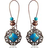 unixmoment Bohemian Retro Copper Long Hollow Flower Turquoise Dangle Drop Earrings Tribal Vintage Square Floral Bead Leverback Earrings for Women