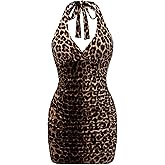 WDIRARA Women's Leopard Print Sexy Halter Mini Dress Ruched Tie Backless V Neck Sleeveless Bodycon Dresses